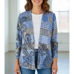 Talbots Blue & Gray Merino Wool Paisley Houndstooth Cardigan Sweater Size Large